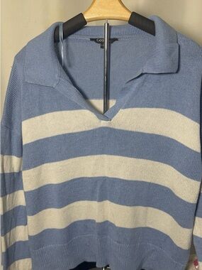 George Blue and Cream Striped V-Neck Polo Sweater